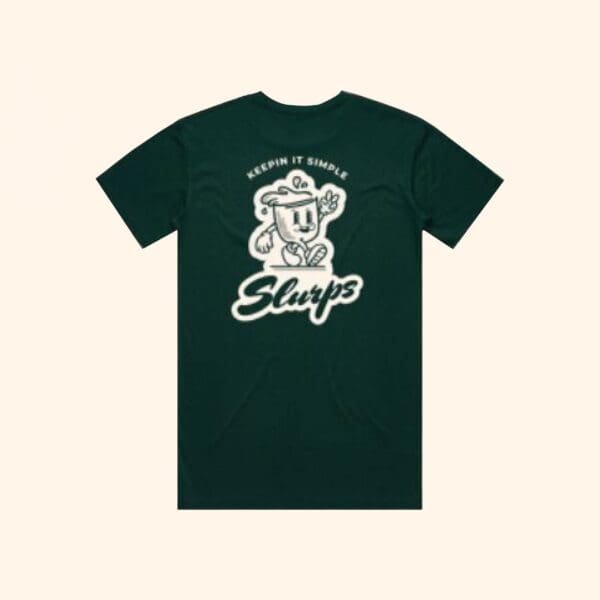 Green Shirt with the slurps branding, back view